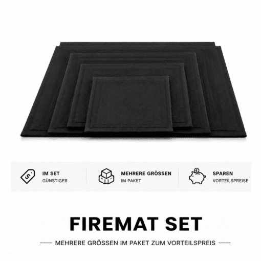 FireMat feuerfeste Unterlagen im Set in verschiedenen Größen nebeneinander gestapelt