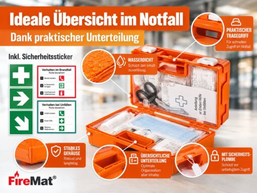 Geöffneter Erste-Hilfe-Koffer mit übersichtlicher Unterteilung des Inhalts