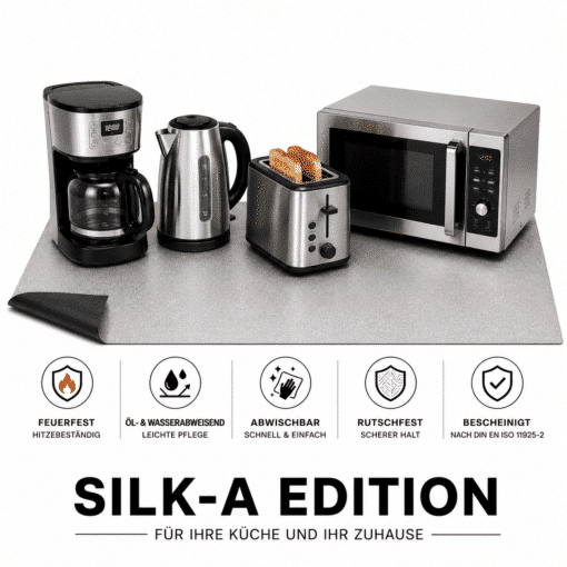 Silk A Edition Schutzmatte mit Küchengeräten wie Kaffeemaschine Wasserkocher Toaster und Mikrowelle
