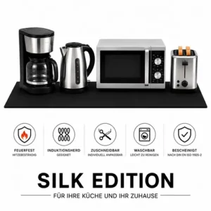 Silk Edition Küchengeräte auf einer Schutzmatte mit Eigenschaften wie feuerfest und waschbar