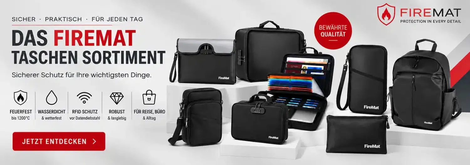 Das FireMat Taschen-Sortiment: Dokumententaschen, Koffer, Travelbag, Umhängetasche und Rucksack