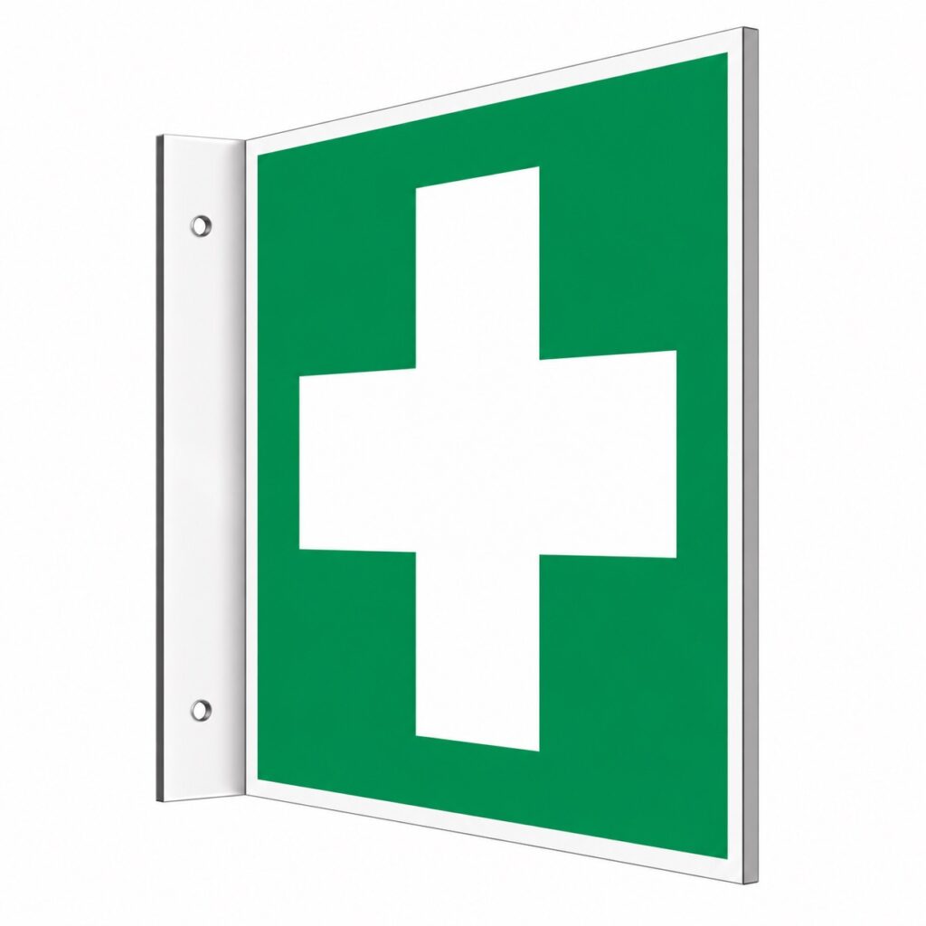 Fahnenschild Erste Hilfe langnachleuchtend an der Wand