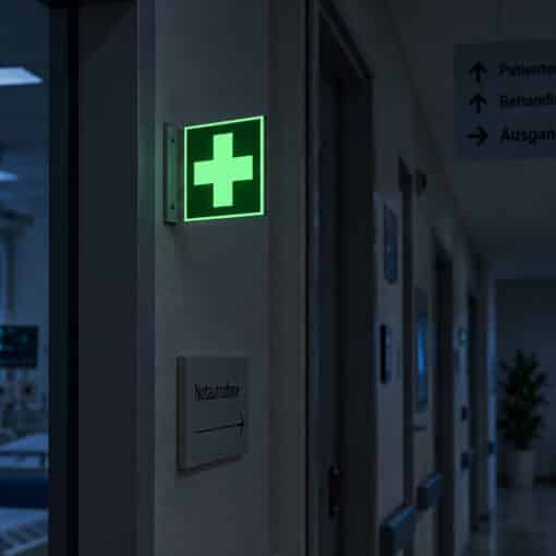 Projecting First Aid Sign long-lasting photoluminescent glowing at night