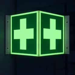 Señal de esquina / de bandera de primeros auxilios DIN EN ISO 7010 luminiscente por la noche