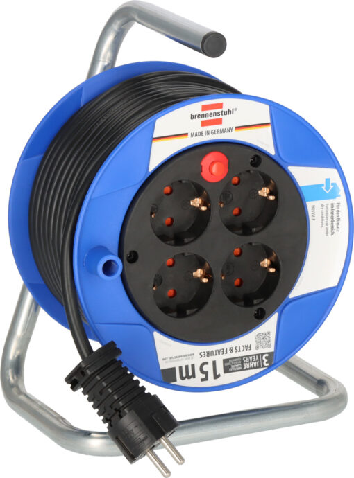 Garant Kompakt Kabeltrommel (15m Kabel in schwarz, aus Spezialkunststoff, Indoor-Kabeltrommel mit 4 Steckdosen) (KE03)