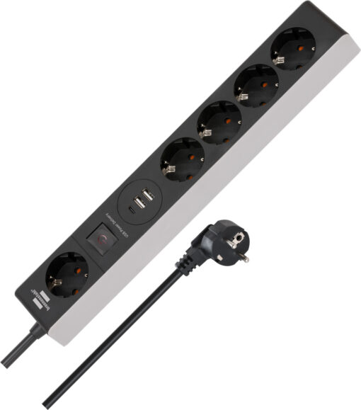 Steckdosenleiste 5-fach mit USB C Power Delivery zum Schnellladen (1x USB C Power Delivery, 2x USB 2,4 A, 1,5m Kabel, mit Schalter) (KE02)