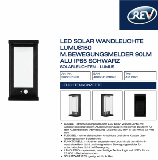 LED Solar Wandleuchte Lumus150 m.Bewegungsmelder 90lm Alu IP65 schwarz