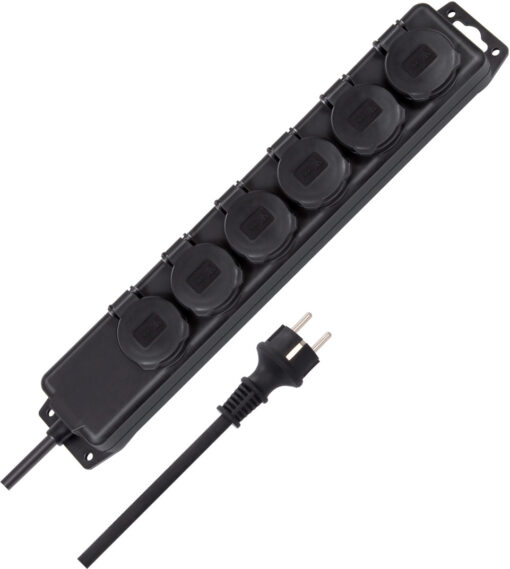 Steckdosenverteiler IP44 6-fach (Steckdosenleiste für den Baustelleneinsatz und den ständigen Einsatz im Freien, 2m Kabel)