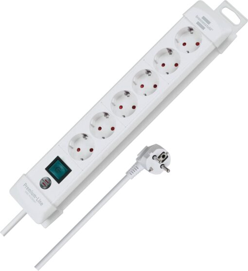 Premium-Line Steckdosenleiste 6-fach mit Schalter und 3m Kabel (45° Winkel der Schutzkontakt-Steckdosen, Made in Germany)