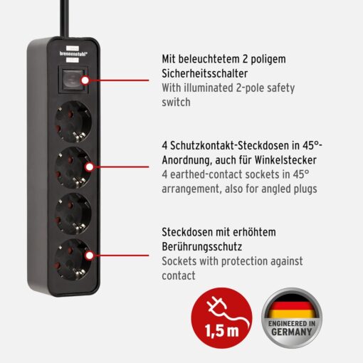Brennenstuhl Ecolor 4-fach Steckdosenleiste 1,5 m weiß/schwarz mit Schalter – Bild 3