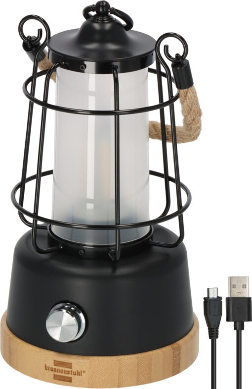 Brennenstuhl LED Akku Campinglampe CAL 1 (350 lm, IP44, bis zu 75h Leuchtdauer, stufenlos dimmbar, Farbtemperatur einstellbar, wiederaufladbare USB Outdoor Lampe mit Hanfseil und Bambussockel)