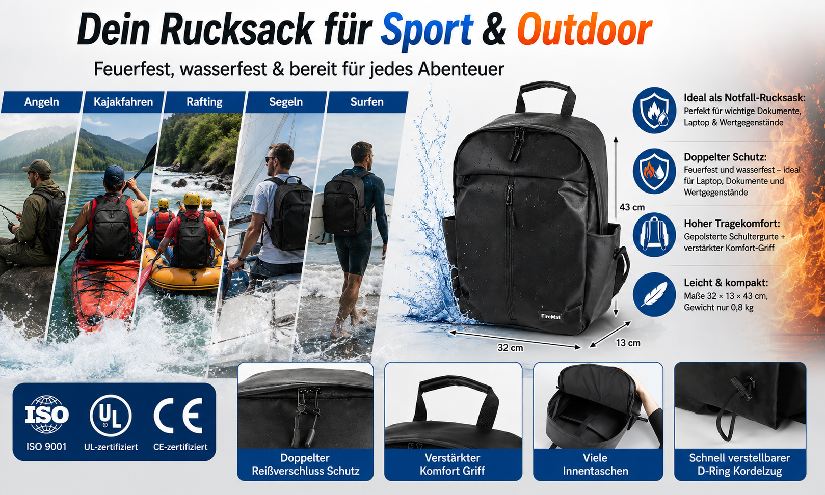 Rucksack für Outdoor, Sport und Wassersport