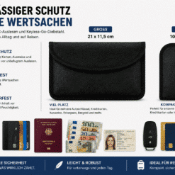 Etui ochronne Keyless Go i etui blokujące RFID w dwóch rozmiarach z wymiarami i właściwościami