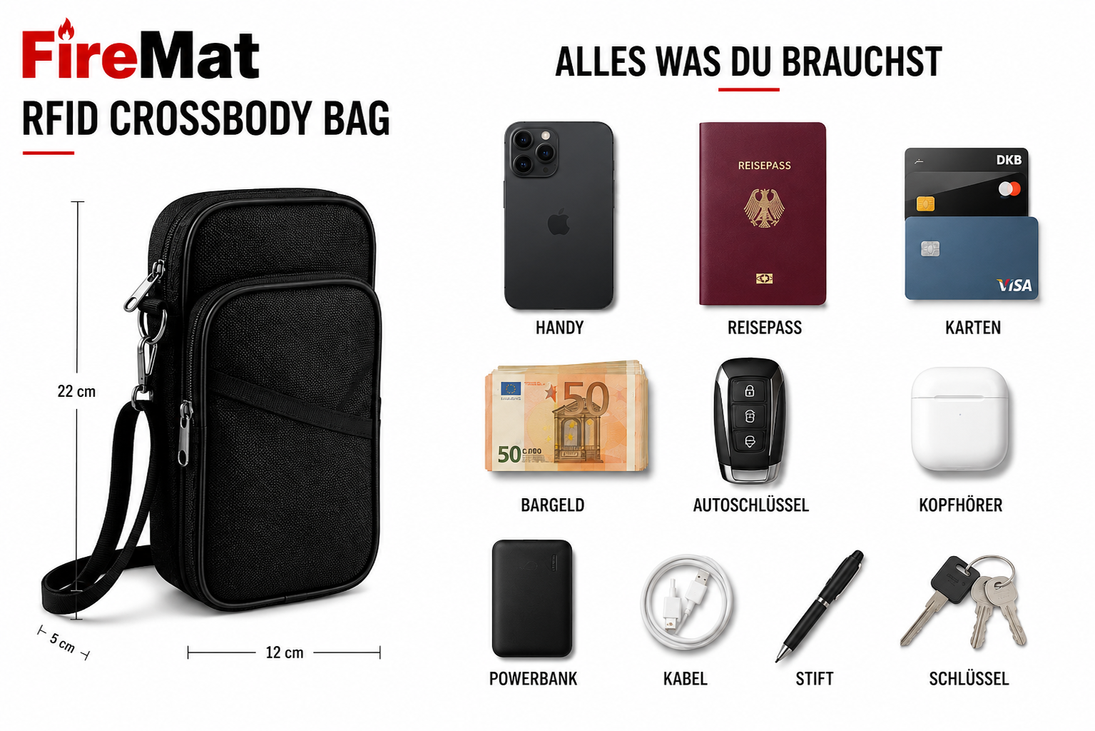 Crossbody Bag, Umhängetasche, Schultertasche, RFID Tasche, Reise Organizer, Handytasche, Reisepasshülle, Dokumententasche, Travel Bag, Festival Tasche, Herren Umhängetasche, Damen Umhängetasche, Feuerfest, Wasserfest, RFID Schutz, Reise Zubehör, EDC Tasche, Alltagstasche, Outdoor Tasche, FireMat.