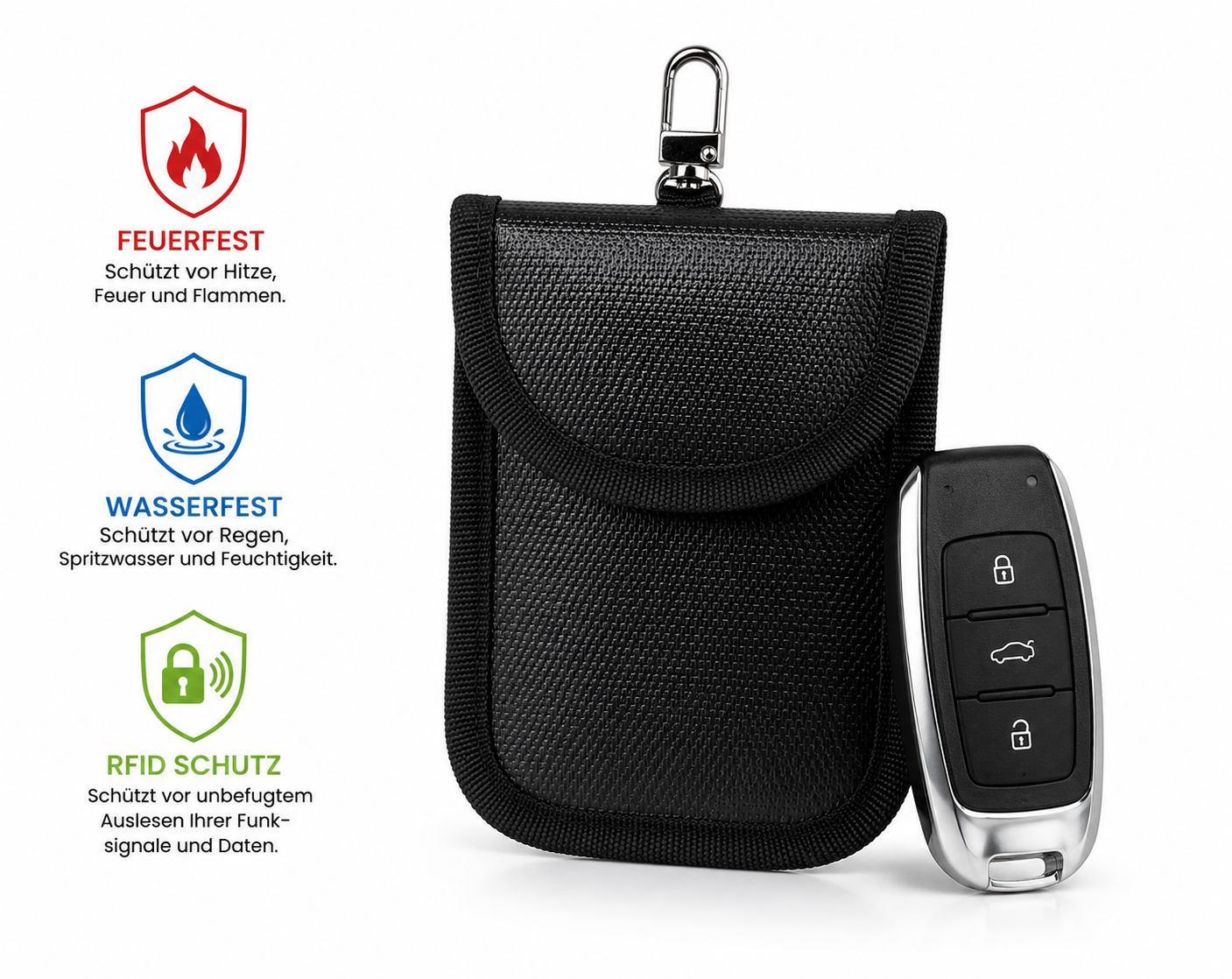 Keyless Go, Keyless Go Schutzhülle, RFID Schutztasche, RFID Blocker Tasche, RFID Schutz, NFC Schutz, NFC Blocker, Signalblocker, Autoschlüssel Schutzhülle, Autoschlüssel Tasche, Schlüsseltasche, Schlüsselhülle, Autoschlüssel Schutz, Funkschutz, Funkdiebstahl Schutz, RFID Hülle, Dokumententasche, Kartenetui, Kreditkarten Schutz, Reisetasche, feuerfest, wasserfest, FireMat