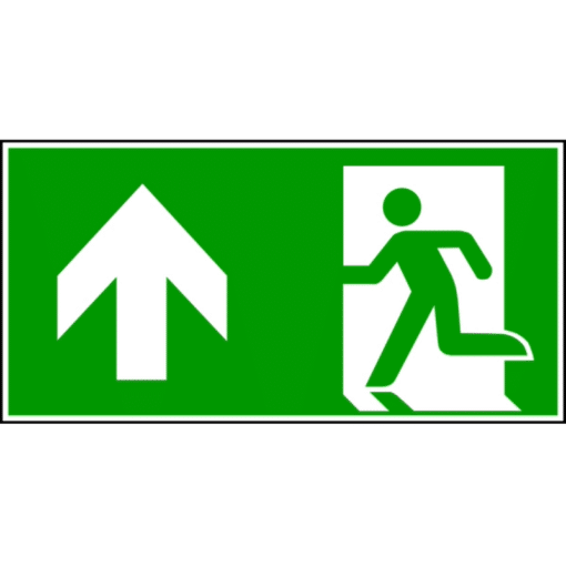 Grünes Fluchtweg-Schild Notausgang mit weißem Pfeil geradeaus und laufender Person am Notausgang