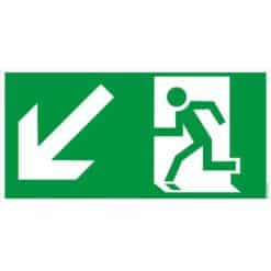Flucht-Rettungsweg-Schild mit Pfeil nach links unten und laufender Person