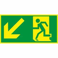 Nachleuchtendes Fluchtwegzeichen mit Pfeil links abwärts und laufender Person an Treppe