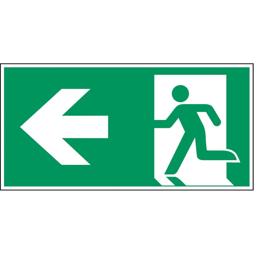 Rettungsweg Notausgang Fluchtweg-Schild mit laufender Person, Türsymbol und Pfeil nach links