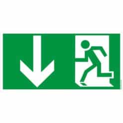 Rettungsweg Fluchtweg-Schild nach ISO 7010 mit laufender Person und weißem Pfeil nach unten