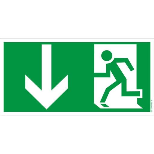 Rettungsweg Fluchtweg-Schild nach ISO 7010 mit laufender Person und weißem Pfeil nach unten
