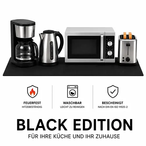 Black Edition Elektrogeräte auf hitzebeständiger Unterlage mit Kaffeemaschine Wasserkocher Mikrowelle und Toaster